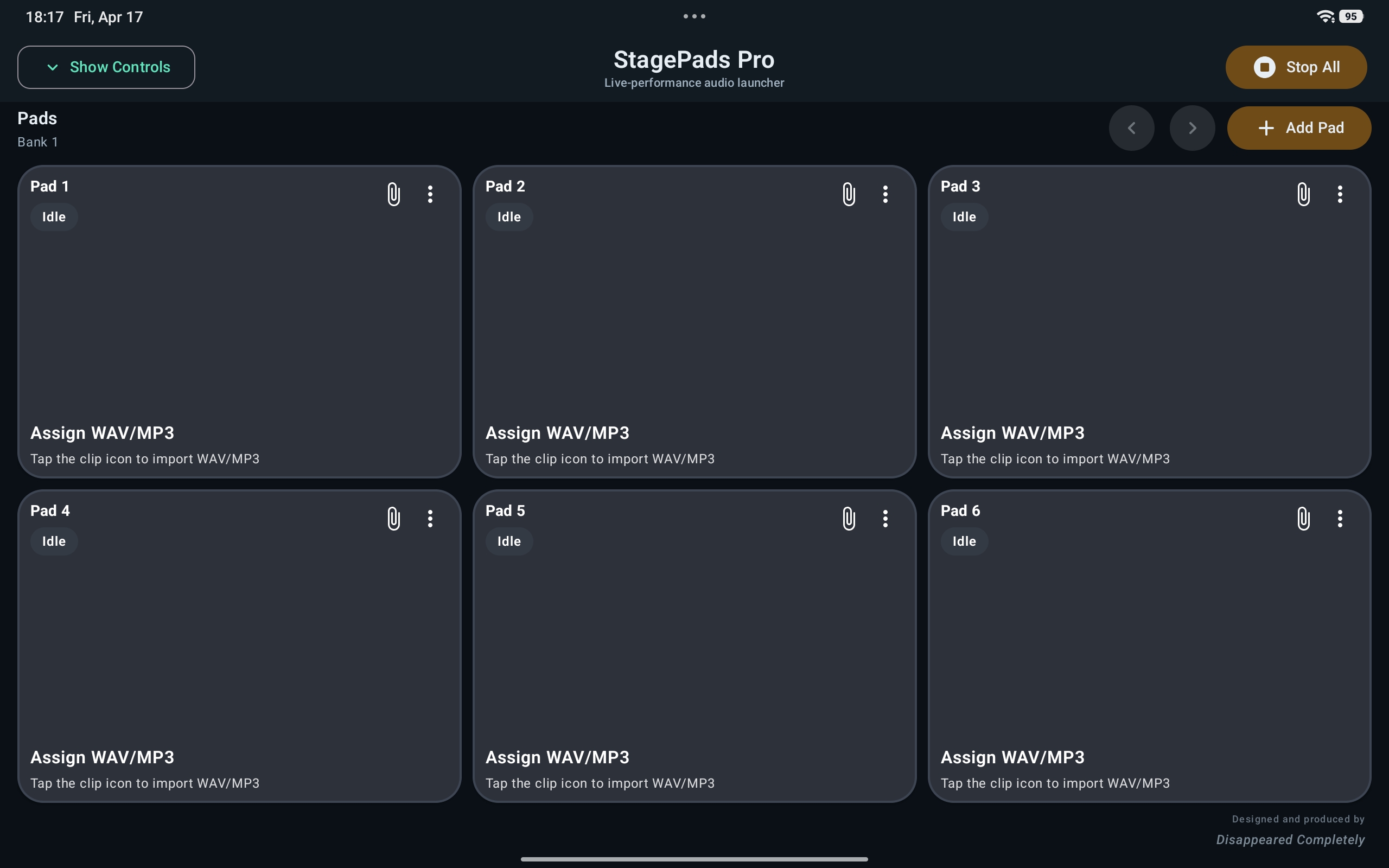 StagePads Pro screenshot showing the pad-based live performance interface