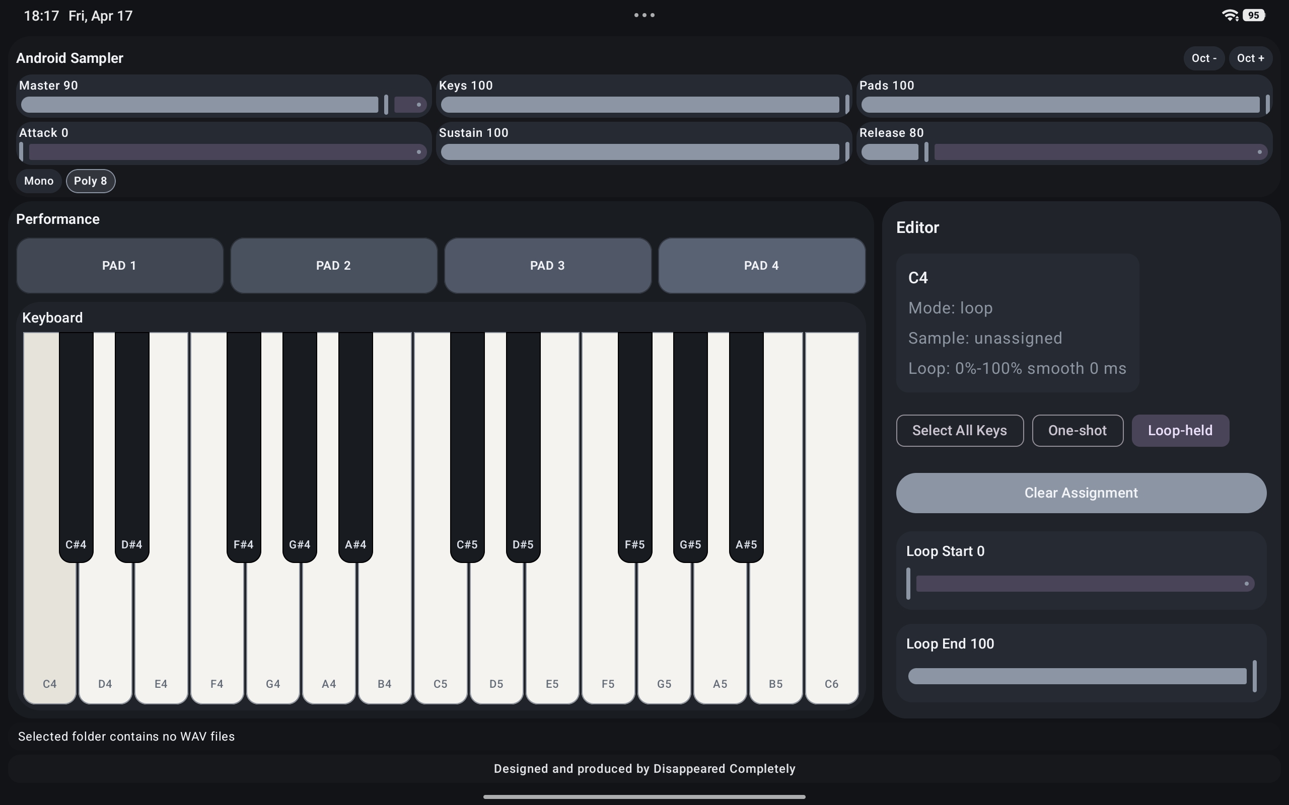 Android Sampler screenshot showing pads, keyboard, and sample editor controls